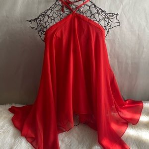 Alice + Olivia Tish Chiffon Halter Top, Size M Bright Poppy Red Orange